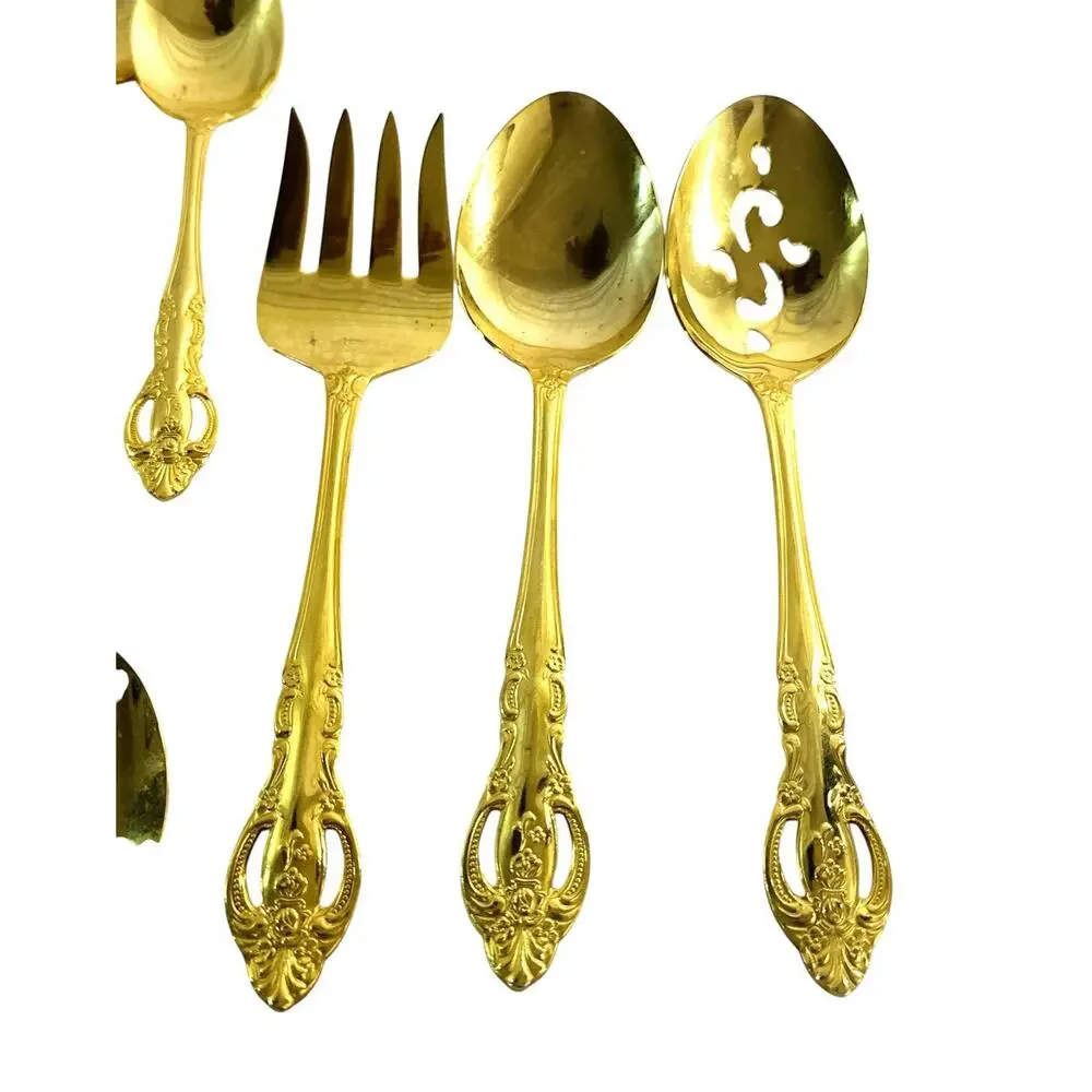 Vintage 44 Pc 24K Gold Plated Korea Flatware Set Ornate Rose Pierced